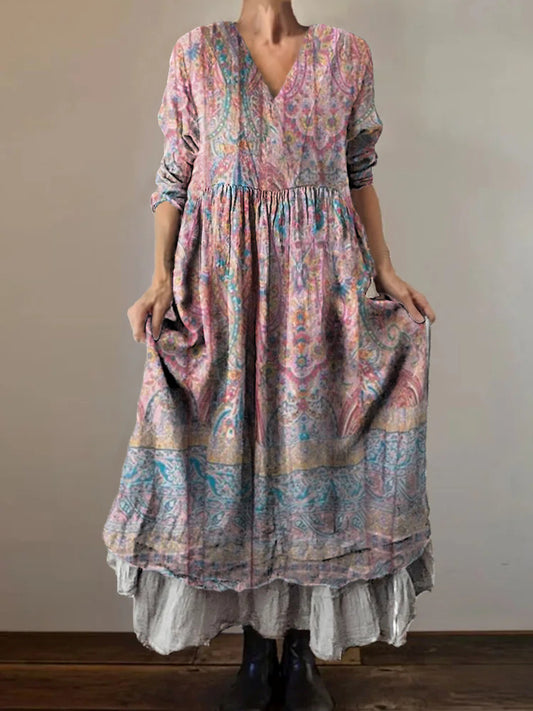 Women's Floral Embellished Pattern Art Print V-Neck Pocket Cotton Dres