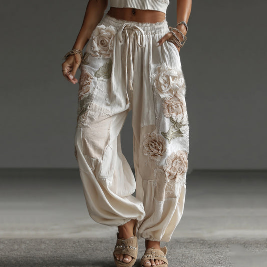 Women's Retro Floral Patchwork Art Casual Linen Pants elevenforest