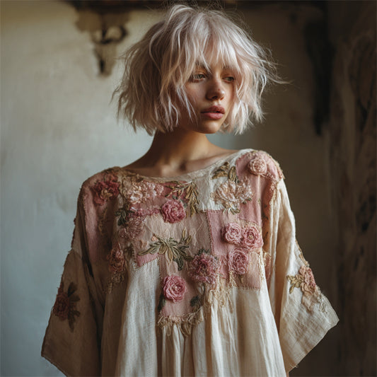 Cottage Pink Roses Embroidered Patchwork Linen Shirt elevenforest
