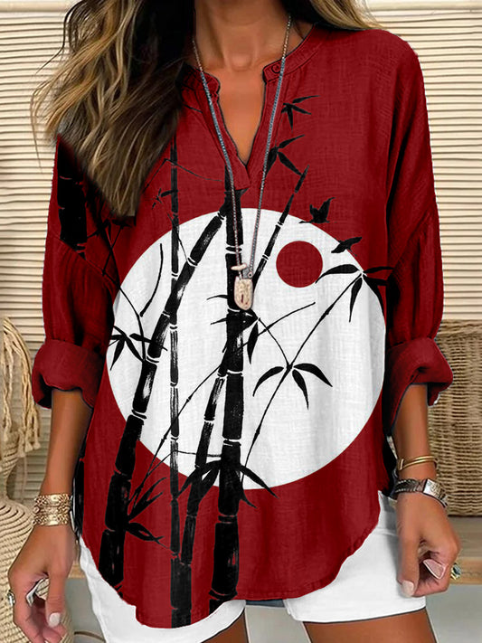 Comstylish Vintage Bamboo Art Linen Blend Comfy Shirt