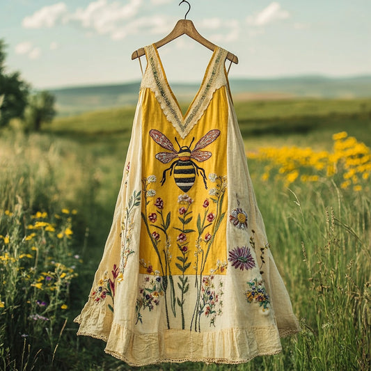 Women's Vintage Bees And Floral Design V-neck Mini Dress elevenforest