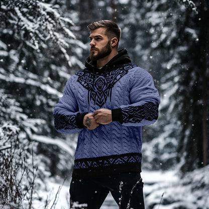 Men's Viking Tribal Jacquard Celtic Inspired Chunky Knit Hooded Sweater artswardrobe