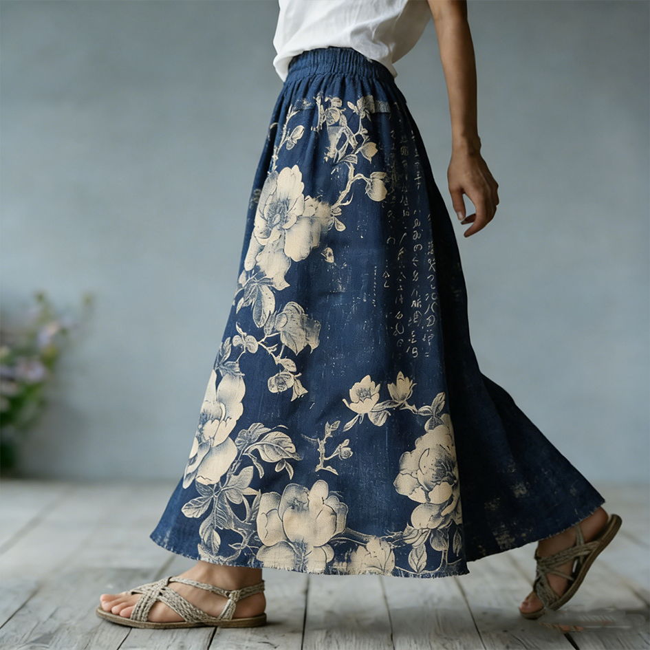 Comstylish Japanese Art Bohemian Retro Plant Flower Print Women's Half-length Dress