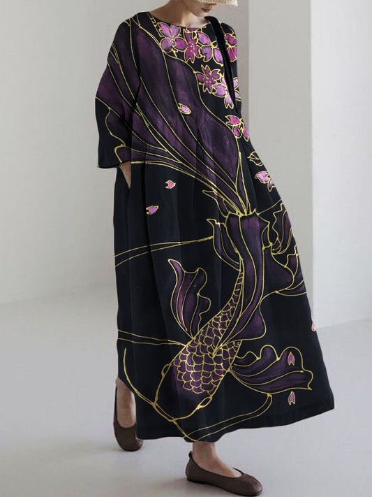 Flowy Fish Cherry Blossom Japanese Art Linen Blend Maxi Dress elevenforest