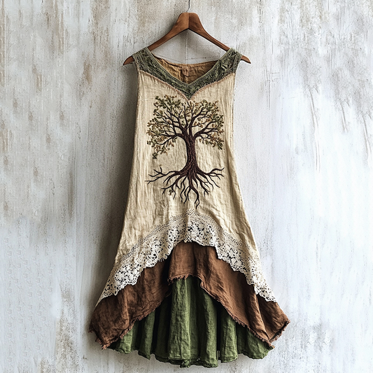 Viking Celtic Tree Of Life Lace Art Patchwork Linen Tank Dress elevenforest