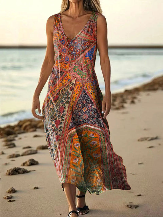 Women's Vintage Bohemian Floral Art Print Pocket Cotton Dress