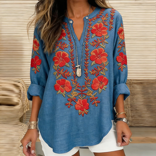 Comstylish Women's Vintage Hibiscus Embroidered Linen V-neck Shirt