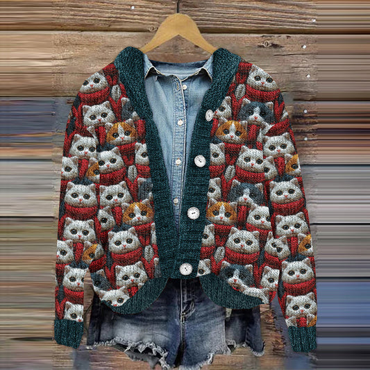 Vintage Cute Cat Pattern Cozy Button Cardigan Sweater elevenforest