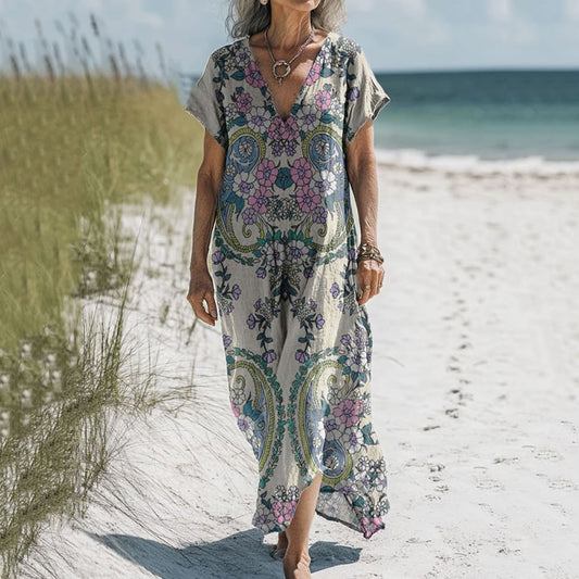 Women's Vintage Floral Art Print V-neck Linen Blend Midi Dress elevenforest