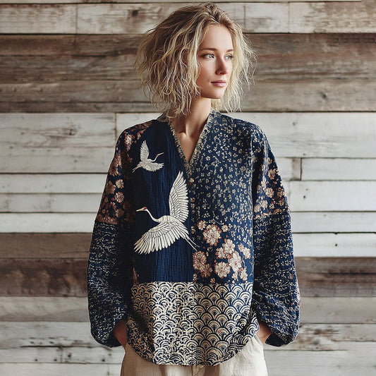 Japanese Waves And Cranes Art Pattern Linen Shirt elevenforest