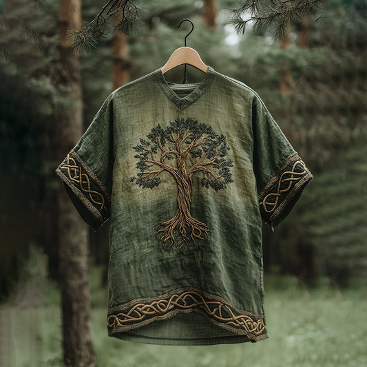 Men's Viking Celtic Tree Of Life Linen V-neck T-shirt elevenforest