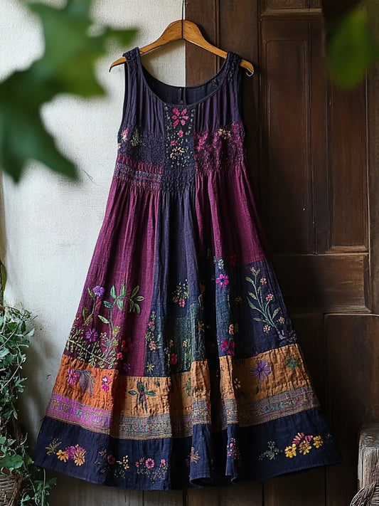 Vintage Boho Floral Embroidered Cozy Linen Midi Dress elevenforest