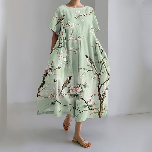 Comstylish Women's Casual Japanese Floral And Bird Art Print Dress