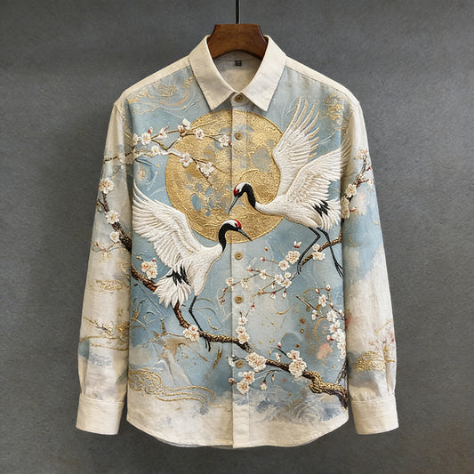 Men's Cranes With Apricot Blossoms Painting Art Linen Shirt elevenforest