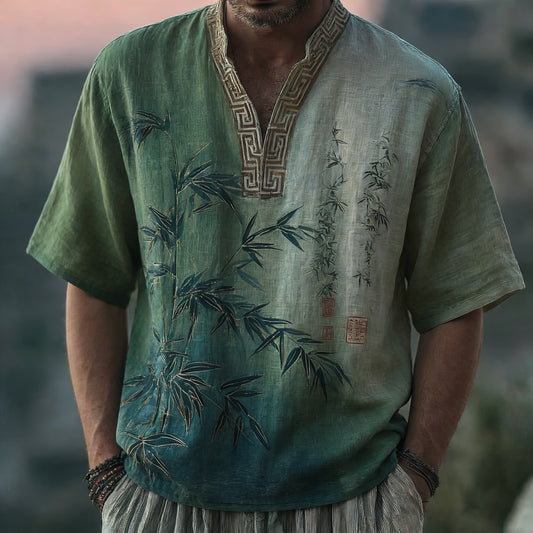 Japanese Bamboo Pattern Embroidered Color Blocked Linen Blend Shirt elevenforest