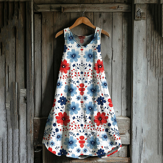 Vintage Loose Independence Day American Floral Patriotic Fourth Of July Art Linen Tank Dress elevenforest