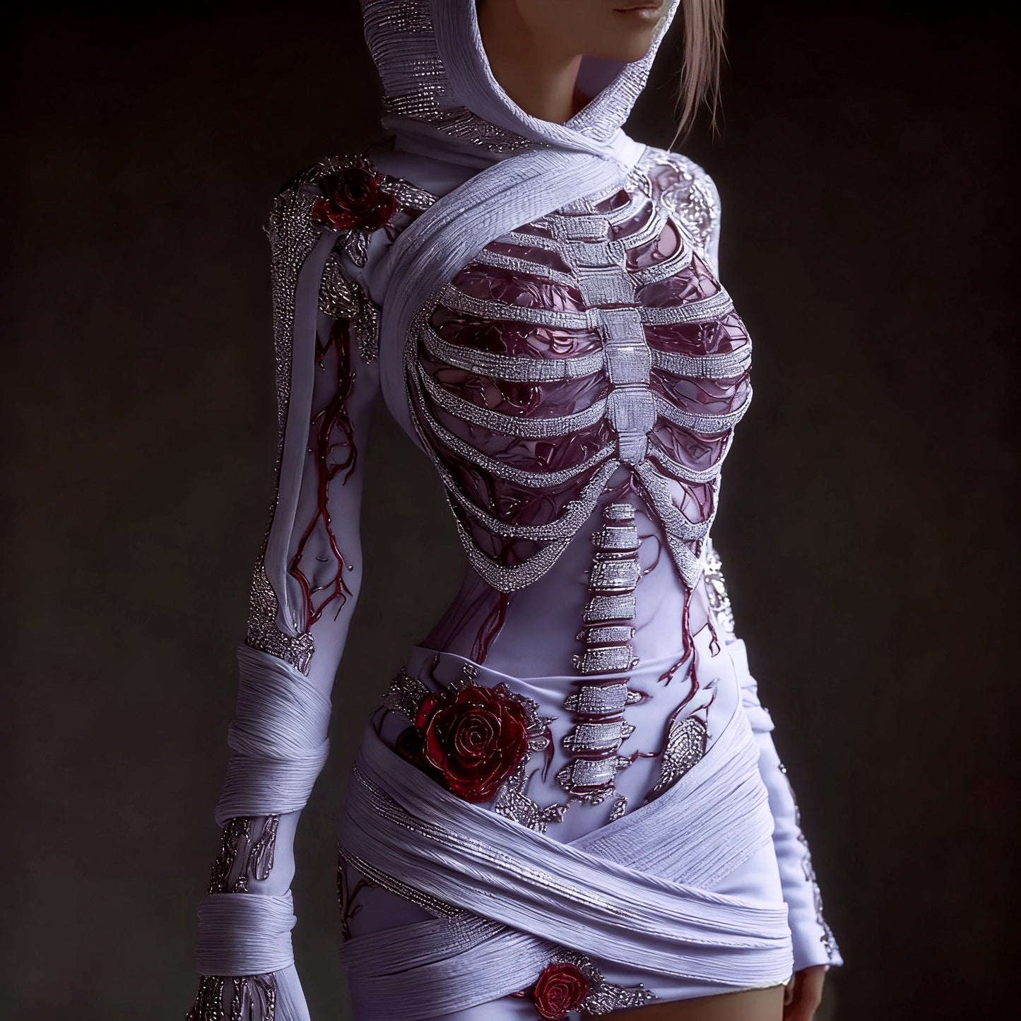 Comstylish Women's Skeleton Roses Bandages Art Cozy Knit Hooded Mini Sweater Dress