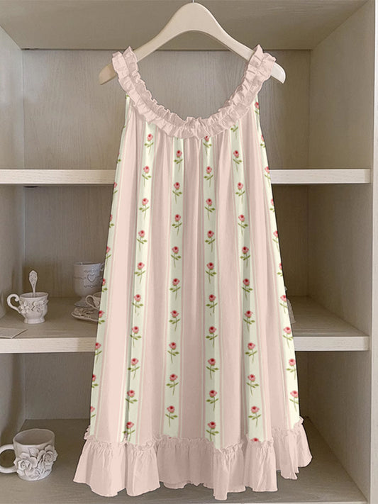 Vintage Floral Striped Ruffle Trim Linen Dress elevenforest