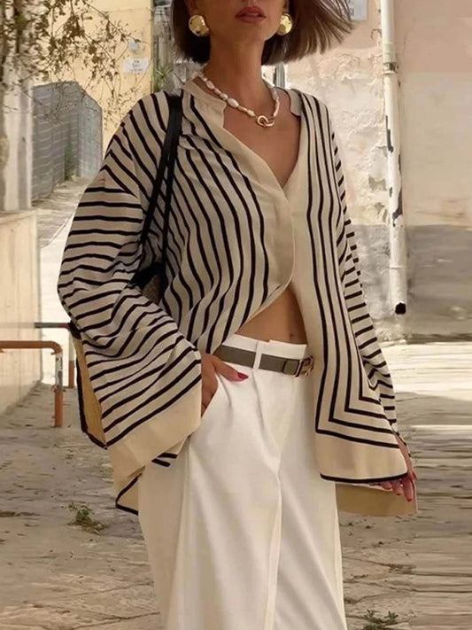 Women's New Long Sleeve Shirt Striped Loose Cardigan Shirt 