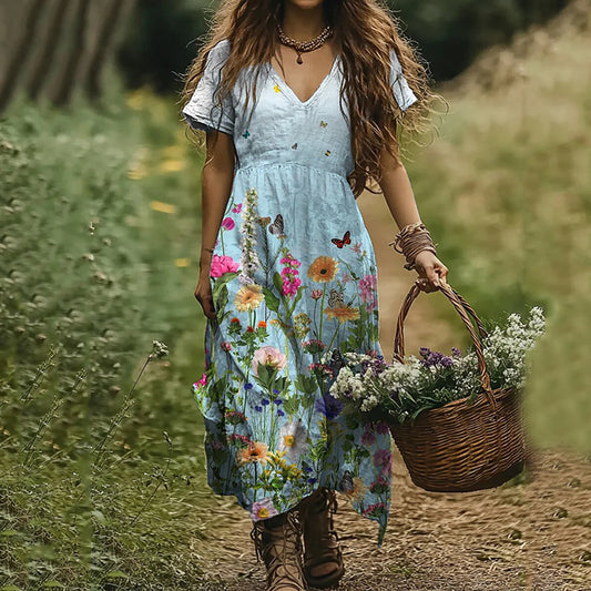 Vintage Wildflowers And Butterflies Art Linen V-neck Dress elevenforest