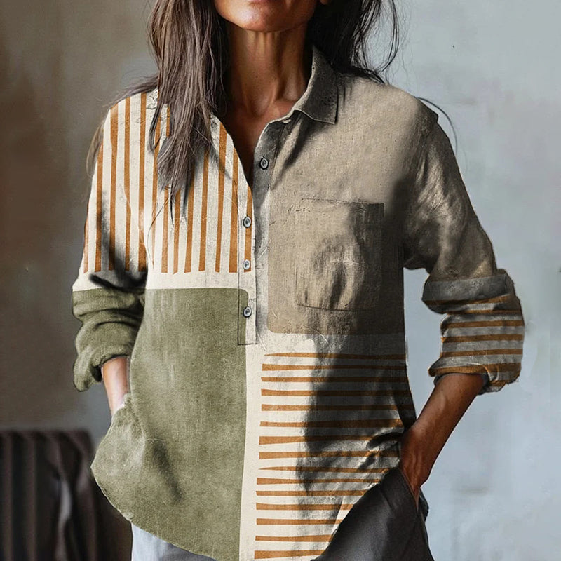 Women's Geometric Abstract Art Print Casual Cotton And Linen Shirt elevenforest