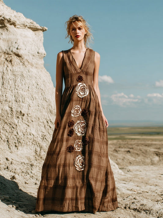 Vintage Roses Embroidered Coffee Plaid Linen Maxi Dress elevenforest