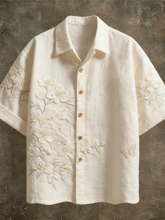 Vintage Lace Floral Pattern Linen Short Sleeve Shirt elevenforest
