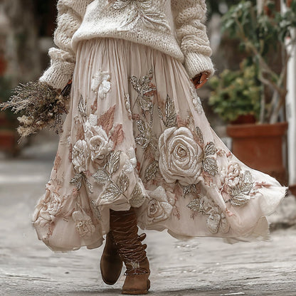 Vintage Rose In White Art Cozy Knit Turtleneck Sweater And Linen Skirt Two-piece Set elevenforest