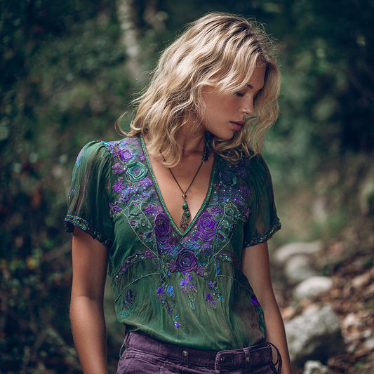 Vintage Purple Rose Embroidery Linen V Neck T-shirt elevenforest