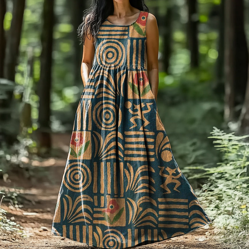 Women's Irregular Pattern Art Print Round Neck Vest Dresses