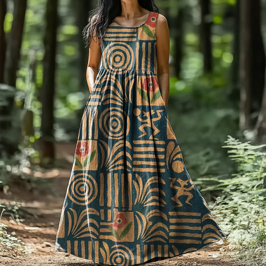Women's Irregular Pattern Art Print Round Neck Vest Dresses
