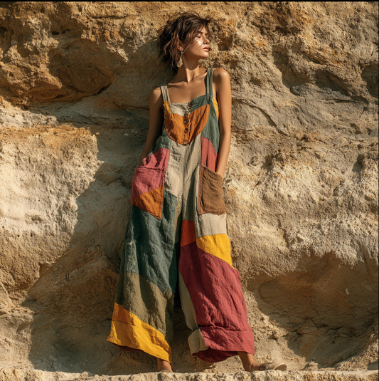 Bohemian Plant Flower Pattern Patch Color Block Women's Strap Wide Leg Pants elevenforest