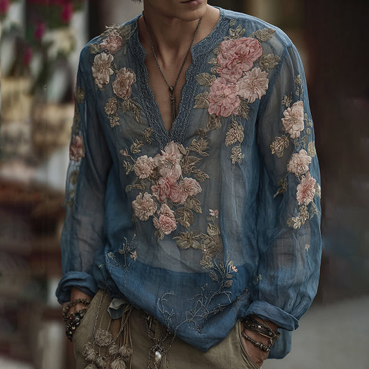 Men's Retro Floral Embroidered Comfy Linen V Neck Shirt elevenforest