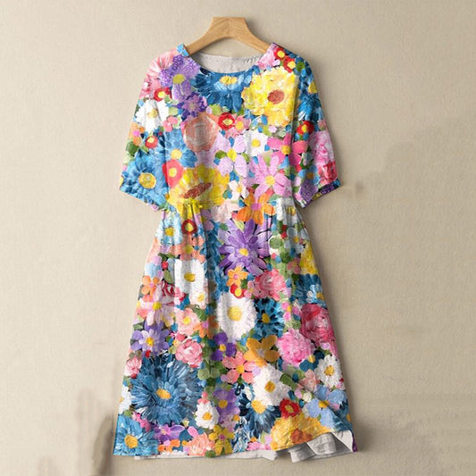 Japanese  Colorful Watercolor Spring Flowers Print Cotton Linen Blend Midi Dress elevenforest