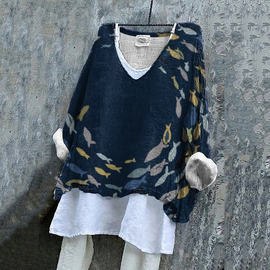 Comstylish Vintage School Fish Printed Linen Blend Casual Shirt