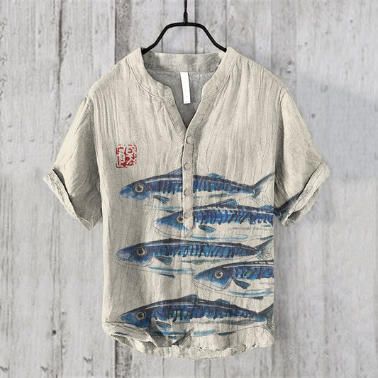 Vintage Japanese Fish Art Graphic Linen Blend Shirt elevenforest