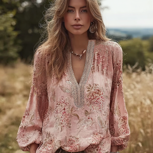 Bohemian Forest Farmhouse Retro Floral Printed Women's V-neck Cotton And Linen Top elevenforest