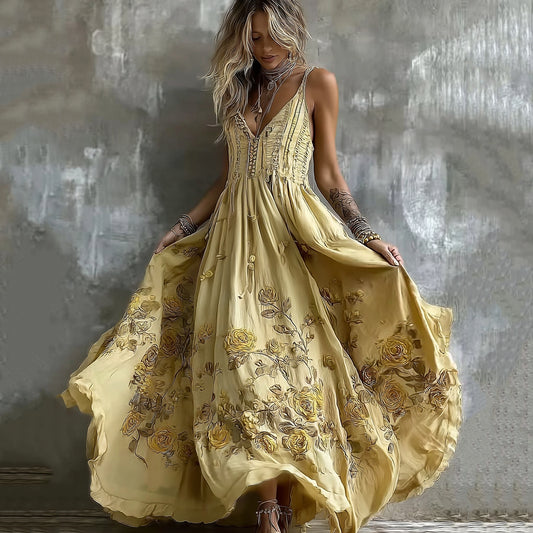 Women's Yellow Roses And Floral Art Print Suspenders Maxi Dress elevenforest