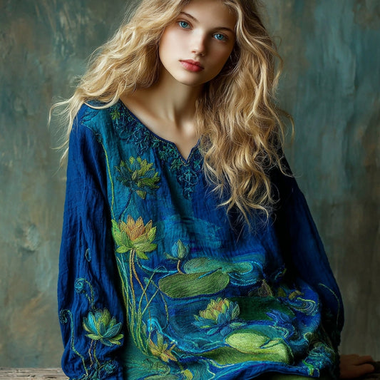 Women's Vintage Lotus Floral Landscape Art Embroidery V-neck T-shirt elevenforest