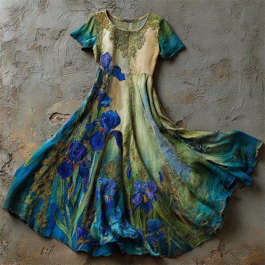 Oil Painting Irises Embroidered  Lace Flowy Linen Maxi Dress elevenforest