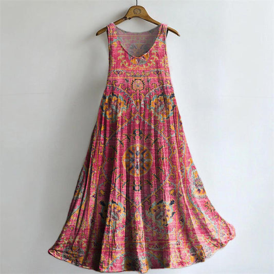 Women's Colorful Retro Totem Art Print Sleeveless Cotton Pocket Dress