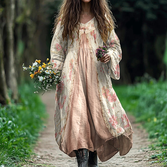 Women's Vintage Floral Patchwork Linen Blend Midi Dress elevenforest