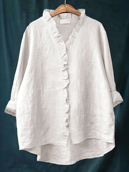 Comstylish Vintage Ruffle Trim Oversize Linen Blouse