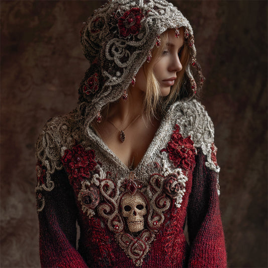 Comstylish Vintage Diamond Skull & Flowers Celtic Cozy Knit Hooded Sweater