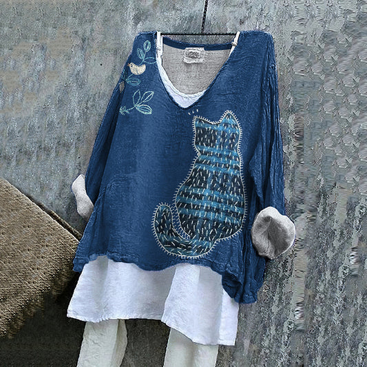 Comstylish Women's Flower And Cat Embroidery Art Linen V-neck Shirt