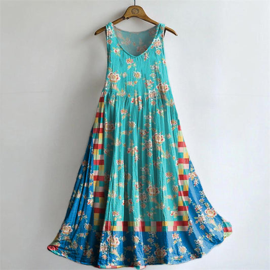 Women's Vintage Bohemian Floral Art Print Crew Neck Sleeveless Cotton