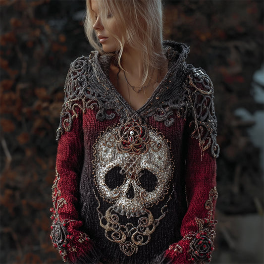 Elegant Skull & Roses Beaded Celtic Gradient Cozy Knit Hooded Sweater elevenforest