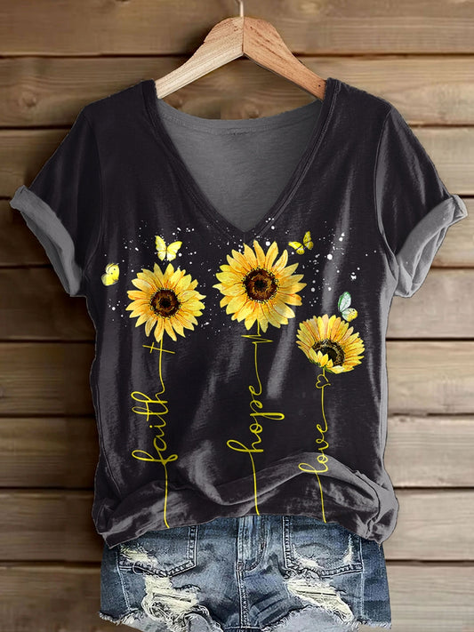 Women's Hippie Sunflower Faith Hope Love Print V-Neck Casual T-Shirt