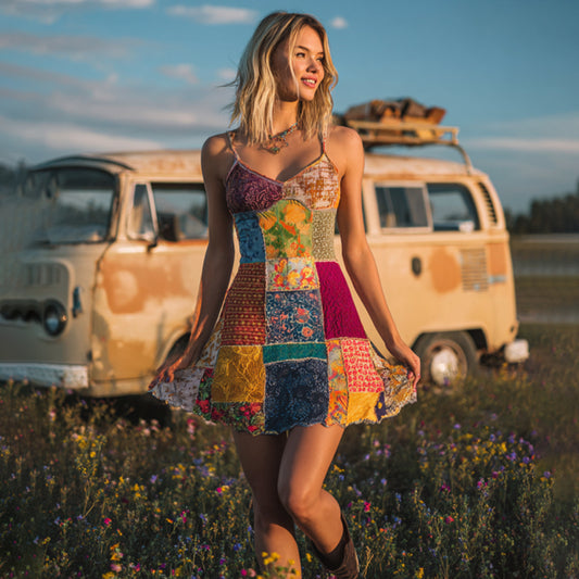 Countryside Style Collection Classy Patchwork Floral Pattern Art Linen Sleeveless Dress