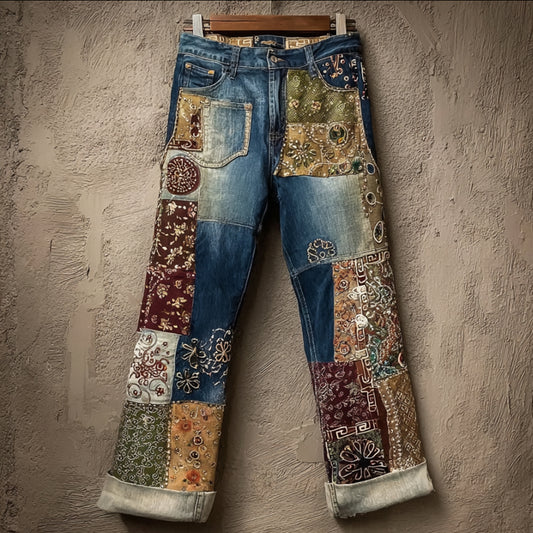 Women's Bohemian Style Patchwork Art Denim Pants elevenforest
